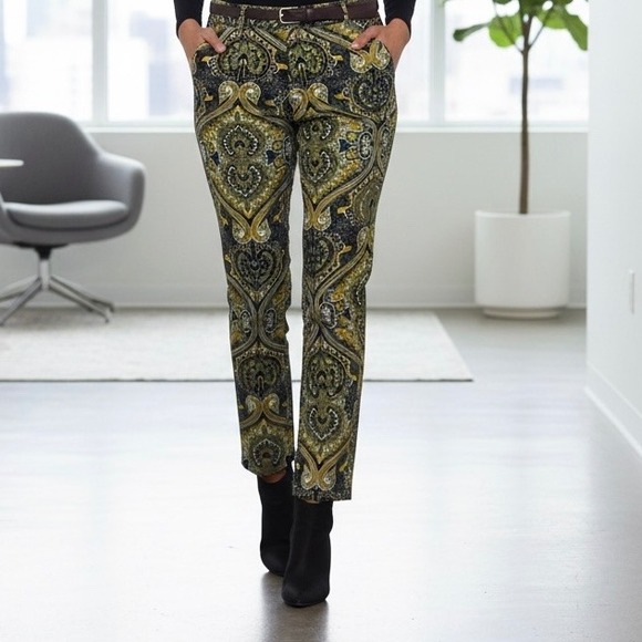 Tommy Hilfiger Green Gold Paisley Cotton Blend Ankle Pants 12 Front Zip - Picture 1 of 9